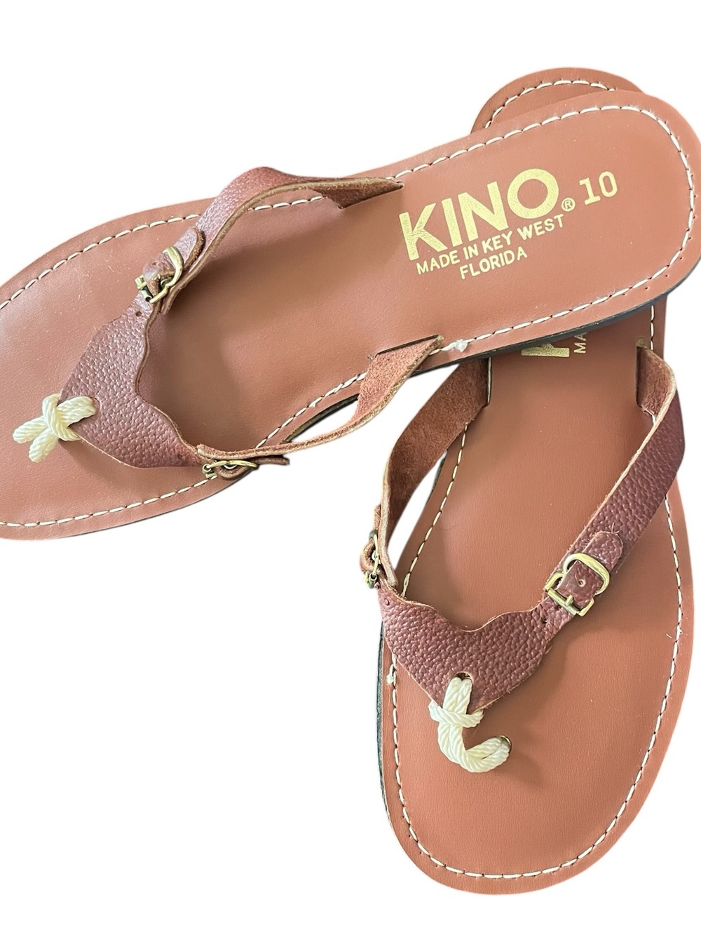 Kino Key West Women Leather Flip Flops Brown Slide Sandals Size 10 Handmade Boho - Picture 2 of 8